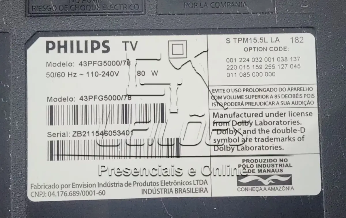 LOTE 002 - Televisor LED, marca Philips, 43 polegadas, serial ZB211546053401, com suporte metálico articulado para fixação em parede