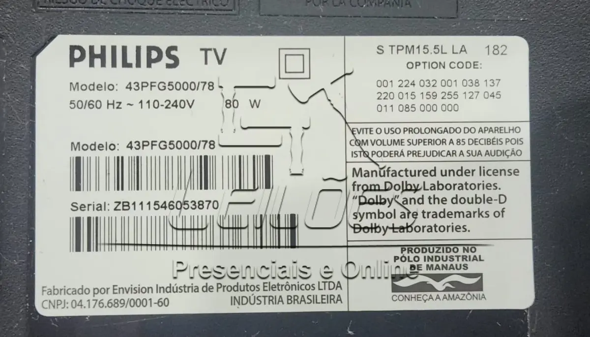 LOTE 001 - Televisor LED, marca Philips, 43 polegadas, serial ZB111546053870, com suporte metálico articulado para fixação em parede
