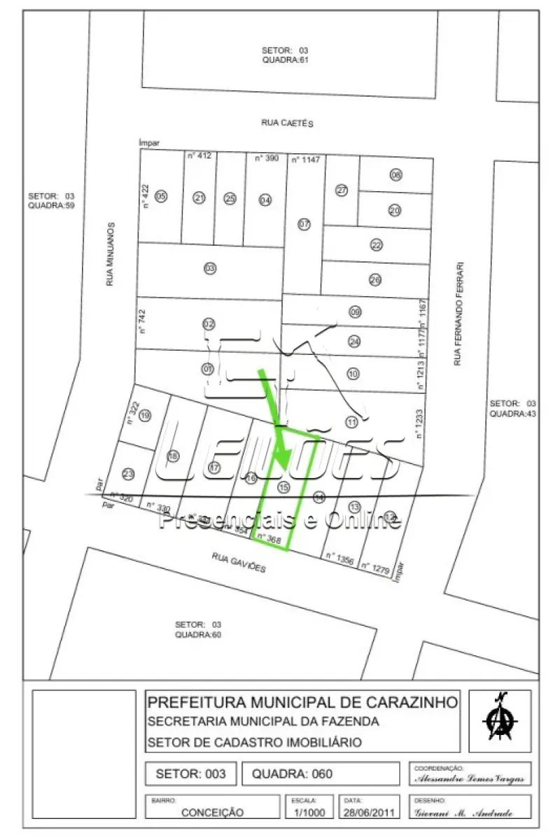 LOTE 002 - Direitos e ações sobre um terreno urbano com a área de 520m², bem como suas acessões e benfeitorias (casa de alvenaria com a área de 70m²), sob nº 368 da Rua Gaviões, Bairro Conceição, Carazinho/RS. Matrícula 27.772